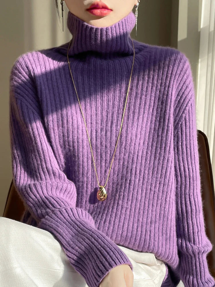 Sabrina® | Maglione Collo Alto in Lana Merino a Righe Verticali