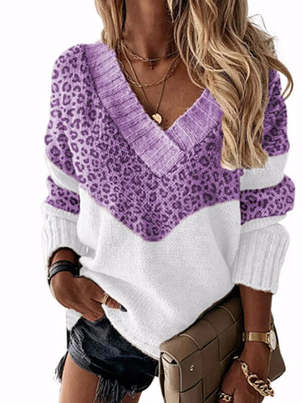 Laura® | Maglione Leopardo con Collo a V e Blocchi di Colore