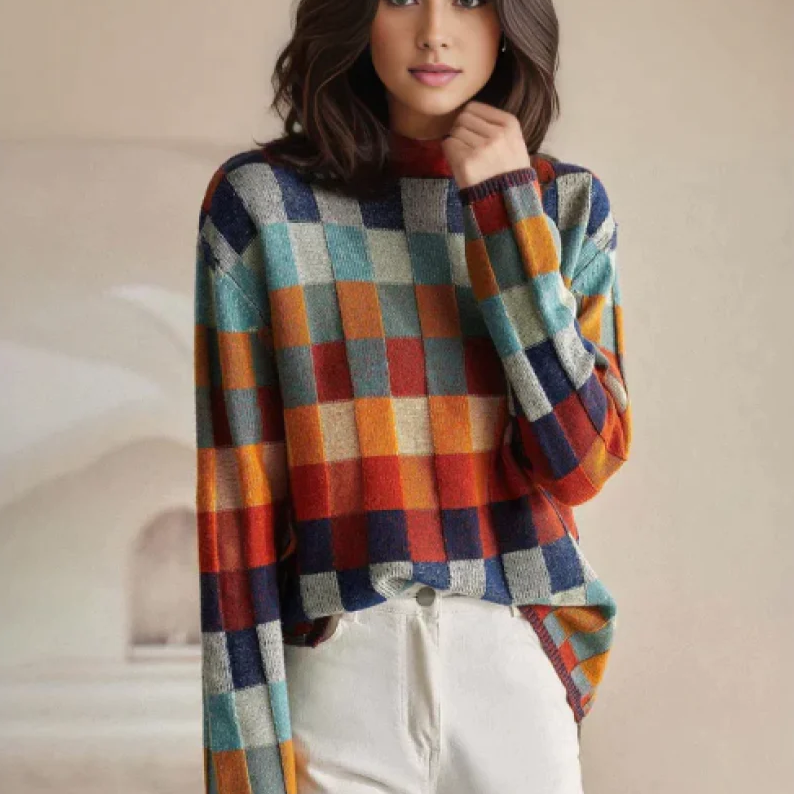 CLAU™ - Maglione a Collo Alto con Motivo Patchwork Multicolore