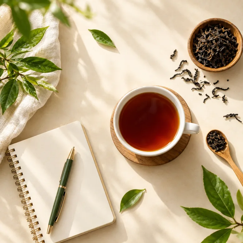 Secangkir teh hitam hangat di meja pagi, dengan buku catatan dan daun teh